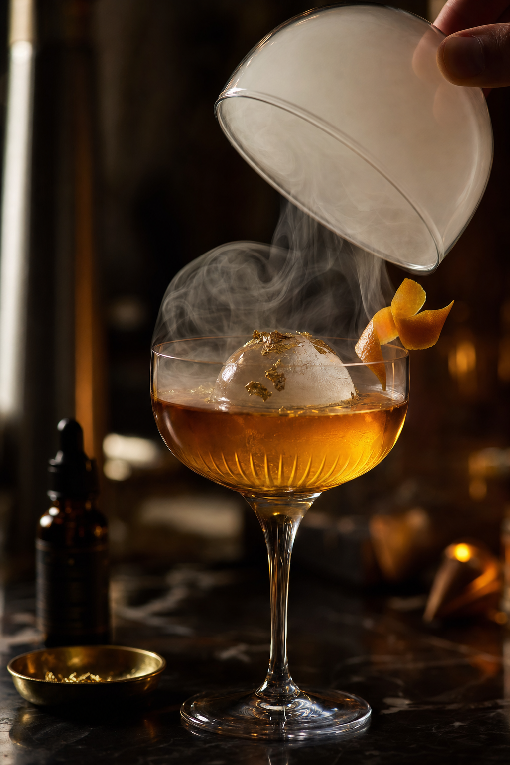 A smoked whiskey cocktail with gold leaf and a large clear ice sphere