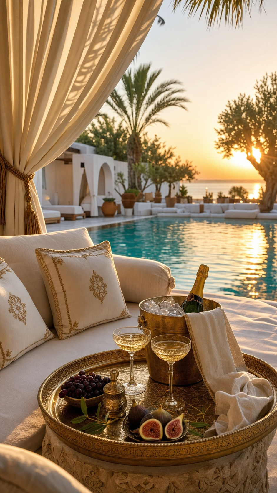 A luxurious poolside cabana at SOL House with champagne and figs