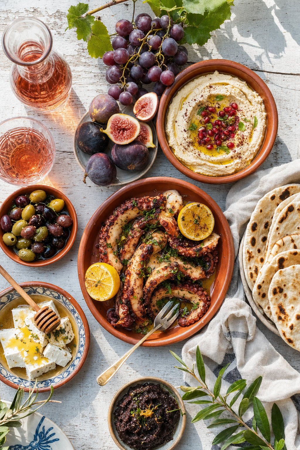 Mediterranean mezze spread with grilled octopus, hummus, feta, olives, and rosé